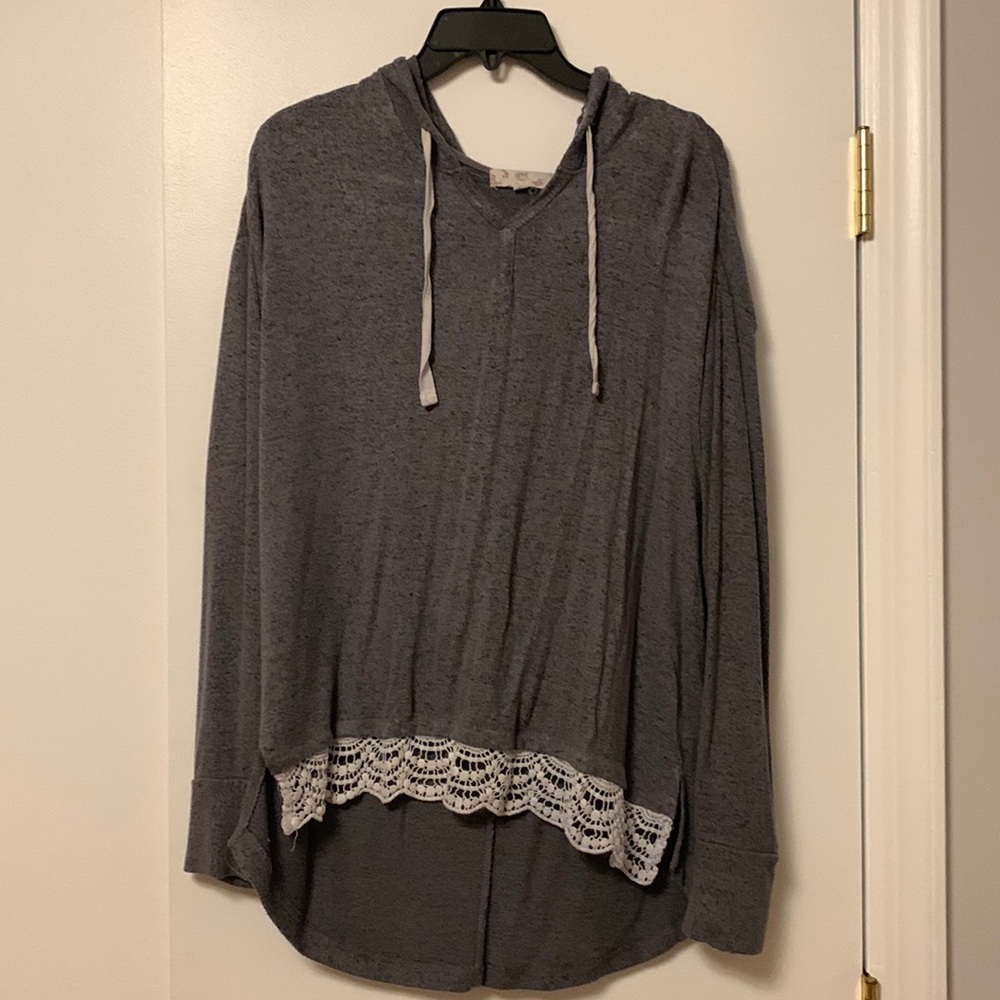 Grey Hooded Top with Lace Trim